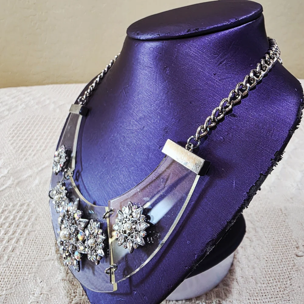 Runway OFAK Silver Pearl Rhinestone Snowflake Statement Acrylic Collar Necklace